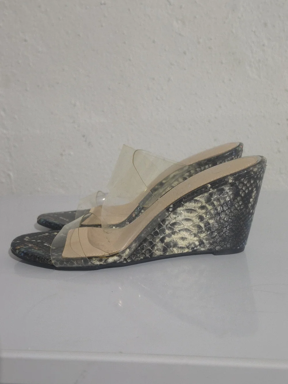 Jessica Simpson Clear Strap Snake-Print Wedge Sandals - Black/Beige